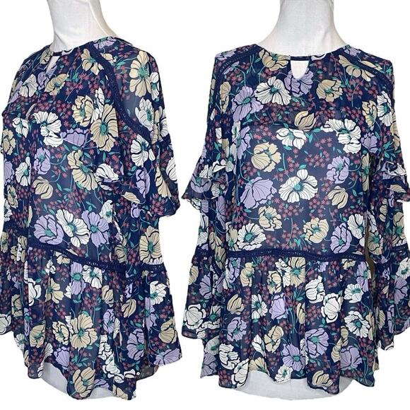 Mary & Mabel Floral Tunic Blouse Womens S Oversized Boho Chic Flowy Sheer Ruffle - Picture 10 of 10
